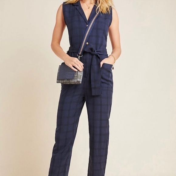 NWT Anthropologie Brielle Navy Blue Plaid Jumpsuit - Picture 3 of 10